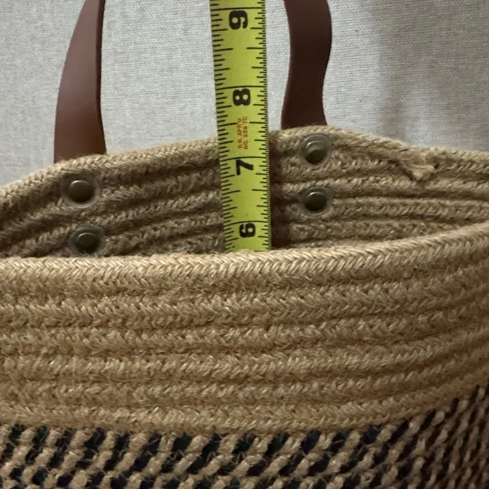 Woven Natural Fiber Coil Style Basket-Brown Faux Leather Hanging Loop-EUC